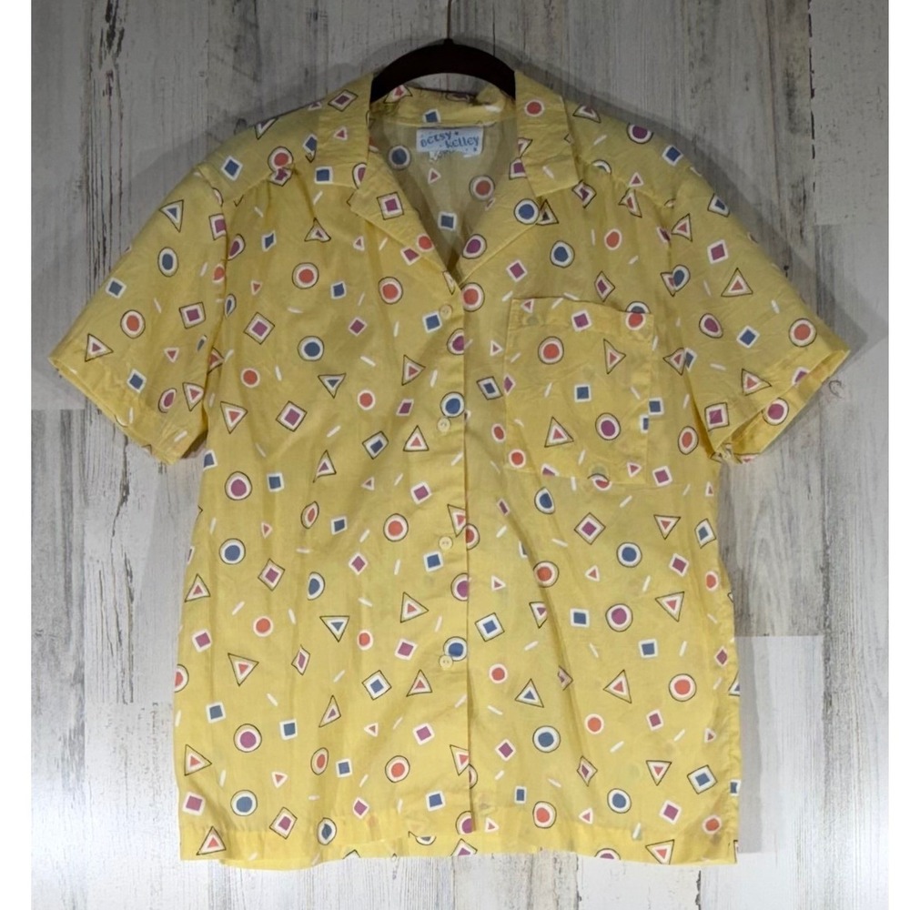 Betsy Kelley Vintage 80s Geometric Print Button Up Shirt Yellow Size 10 Made USA